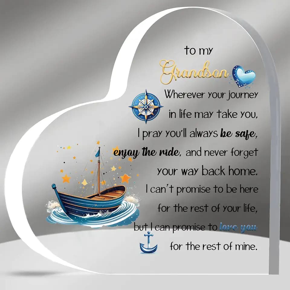 Grandson Inspirational Birthday Gifts Acrylic Plaques My Boy Graduation Gift Men Christmas Appreciate Cute Heart Signs for Him Best Go to University Encourage Souvenirs From Grandpa Grandma