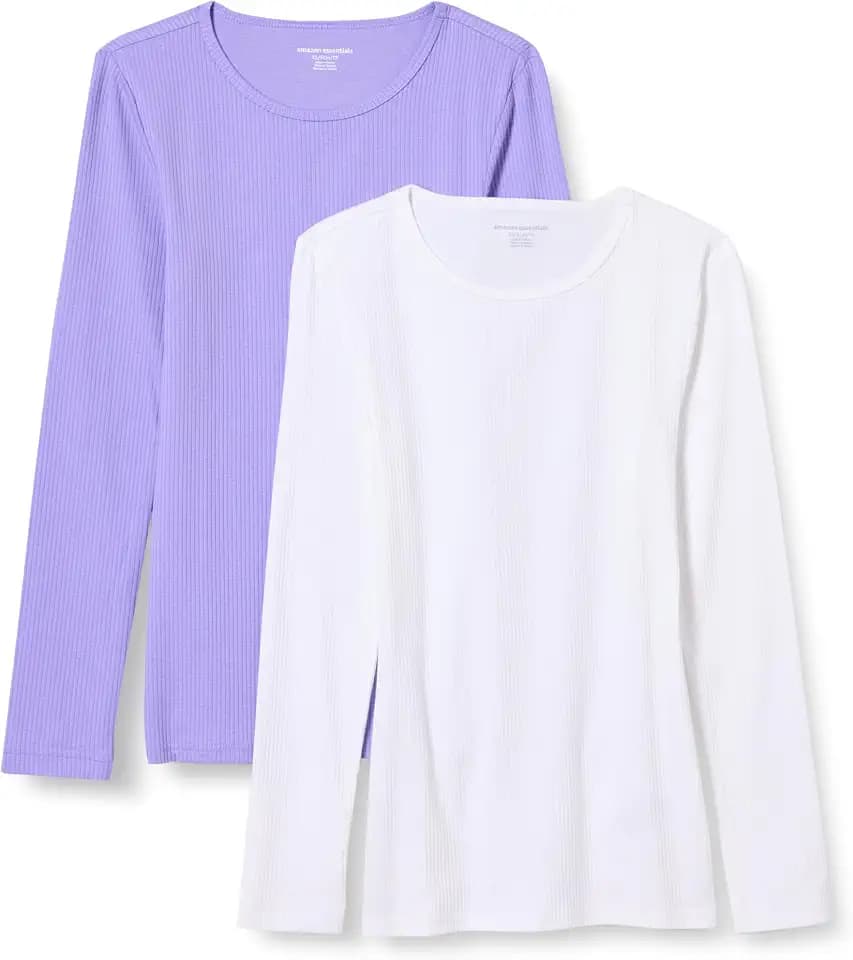 Amazon Essentials Women's Slim-Fit Long Sleeve Rib Knit Crew Neck T-Shirt (Available in Plus Size), Pack of 2