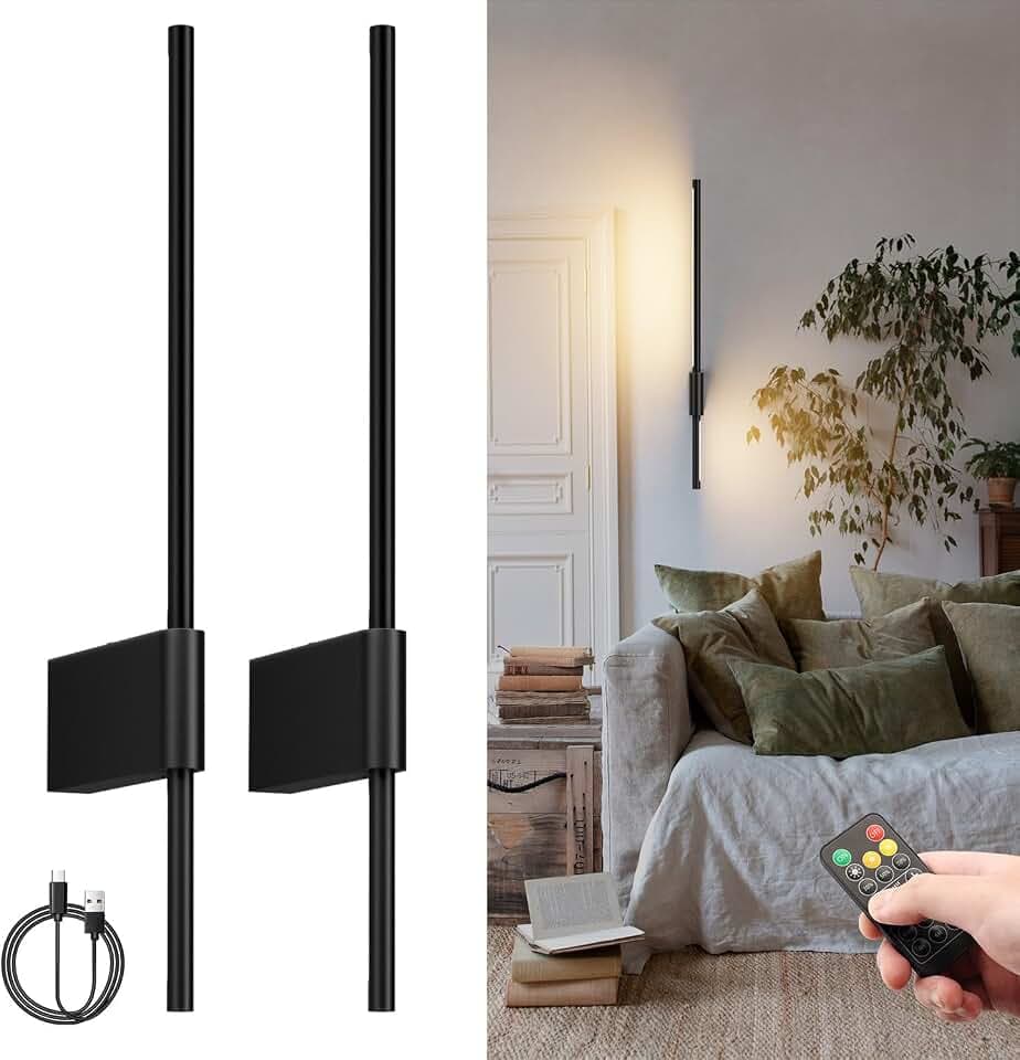 2 Pack Battery Powered Wall Sconces 6000mAh Rechargeable Dimmable LED Wall Lights for Living Room, Hallway, Bedroom, 23.6in Living Room Dressers, 23.62 in