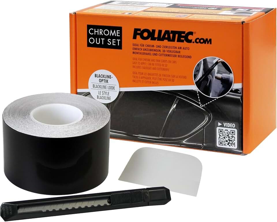 FOLIATEC Chrome Out Set Auto Zierleisten Folie Zierstreifen zum Folieren von Auto Chromleisten, schwarz matt, 15m x 5cm
