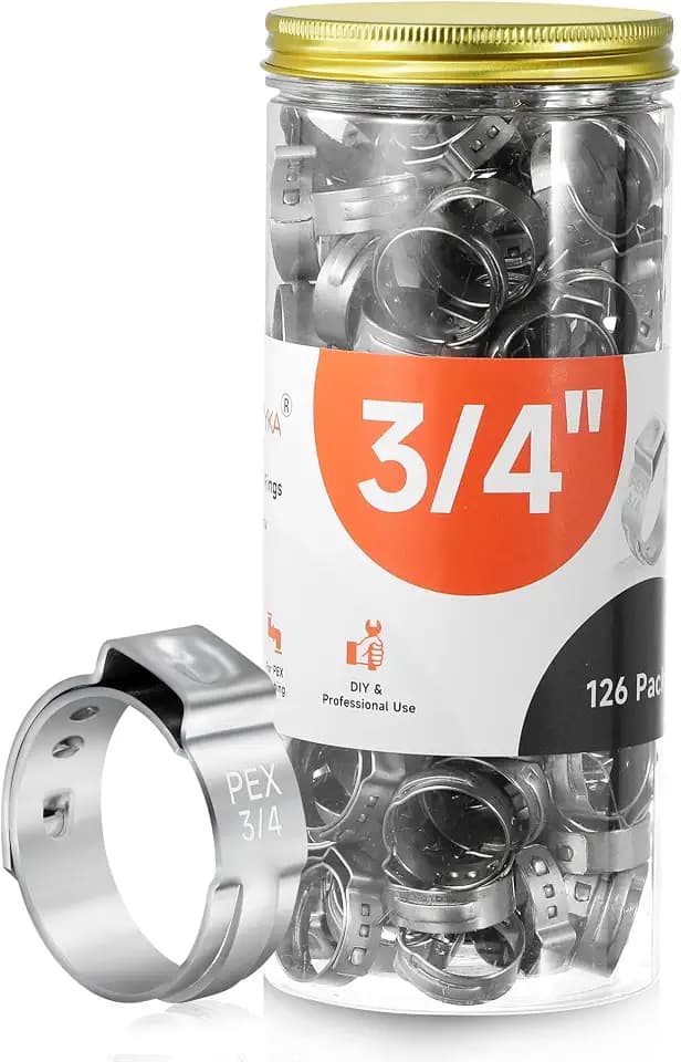 126pcs 3/4 inch PEX Cinch Clamps Rings, 304 Stainless Steel Pex Crimp Rings, Heavy Duty Thickened Single Ear Hose Clamps for PEX Tubing Pipe Fitting Connections