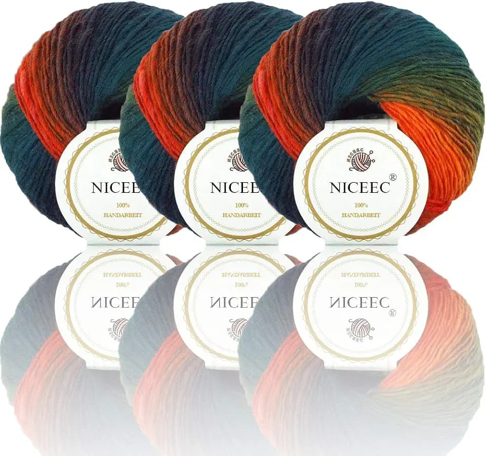 NICEEC 3 Skeins 100% Wool Rainbow Yarn 180m x3(196yds x3,50g x3)-10#