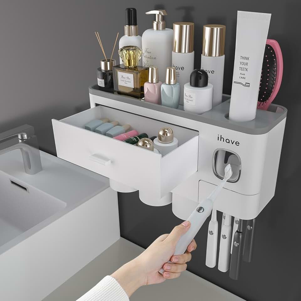 iHave Toothbrush Holders Wall Mounted with Toothpaste Dispenser & 3 Cups