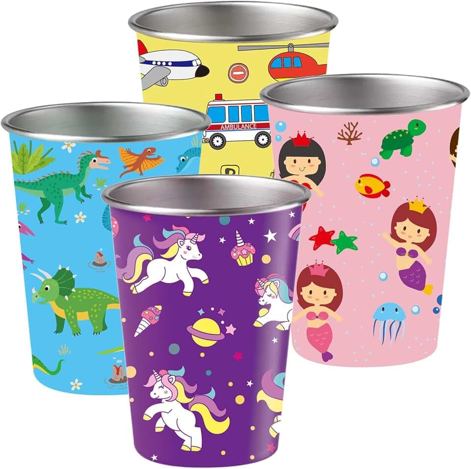 Stainless Steel Kids Cups, 4 Pack Metal Drinking Pint Cup with Fun Prints