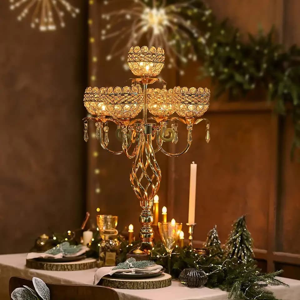 Elegant 5-Arm Candelabra Centerpiece with Crystal Pendants - 23.6 Inch Tall Table Centerpiece for Weddings, Parties, Home Decor for Mother’s Day, Holidays & Special Occasions (1, Gold)