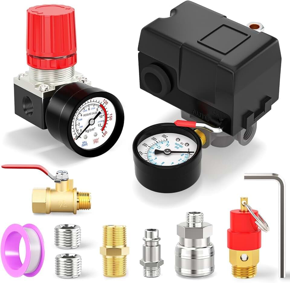 4 Way Air Compressor Pressure Switch Control Valve Kit 135-175 PSI, 1/4" NPT Port, 110V-240V, With 0-200 Pressure gauge, Air Compressor Regulator