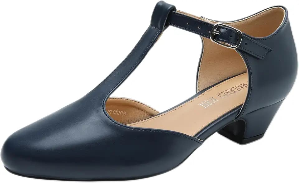 MAIERNISI JESSI Women's T-Strap Mary Jane Pumps, Low Block Heel, Closed Toe, Buckle Ankle Strap