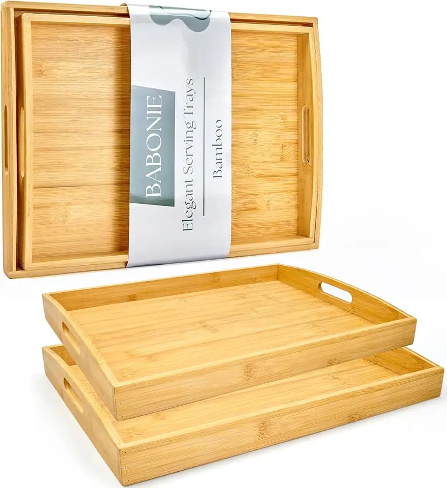 Bamboo Serving Tray Set of 2, FSC Certified Bamboo Trays with Handles