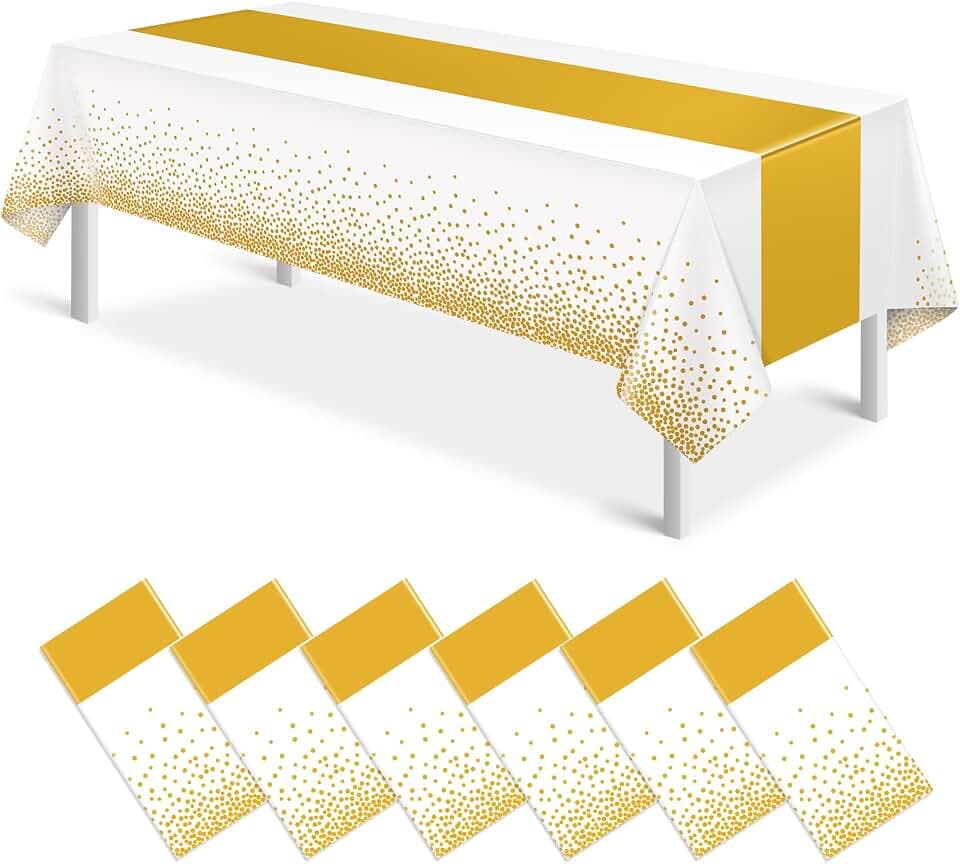 6Pcs White and Gold Tablecloth Party Decorations,Plastic White Table Cloth Printed Gold Table Runner Disposable Rectangle Table Cover for Birthday Wedding Anniversary Graduation Party,54 x108 Inch