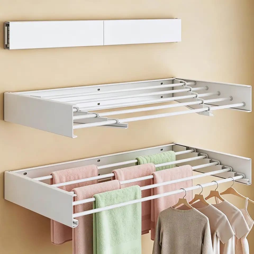 32in Wall Mounted Drying Rack Foldable Retractable 60lbs 5 Rods