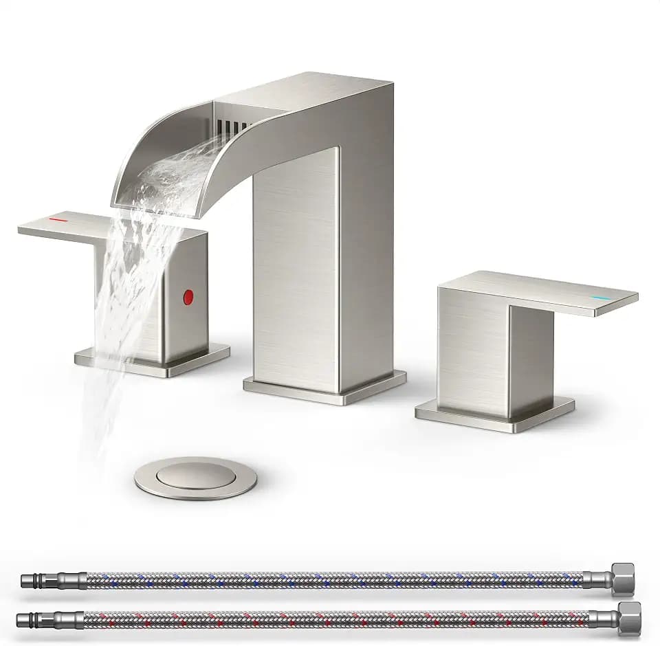 QFN Waterfall Bathroom Faucet 3 Hole 8" Widespread Brushed Nickel 2 Handle