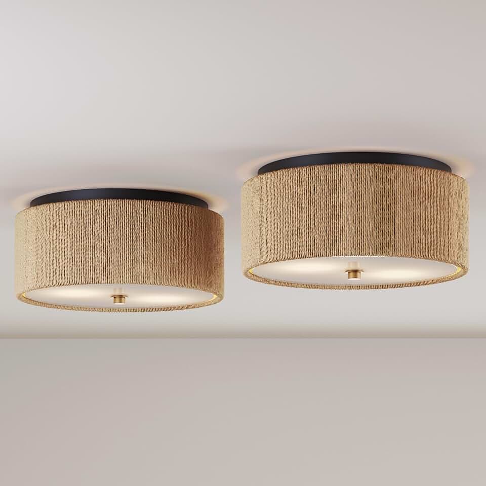Nathan James Juluca Boho Light Fixture, Flush Mount Ceiling Light with Frosted Glass Diffuser, Rustic Boho Ceiling Light with Seagrass Shade Set of 2