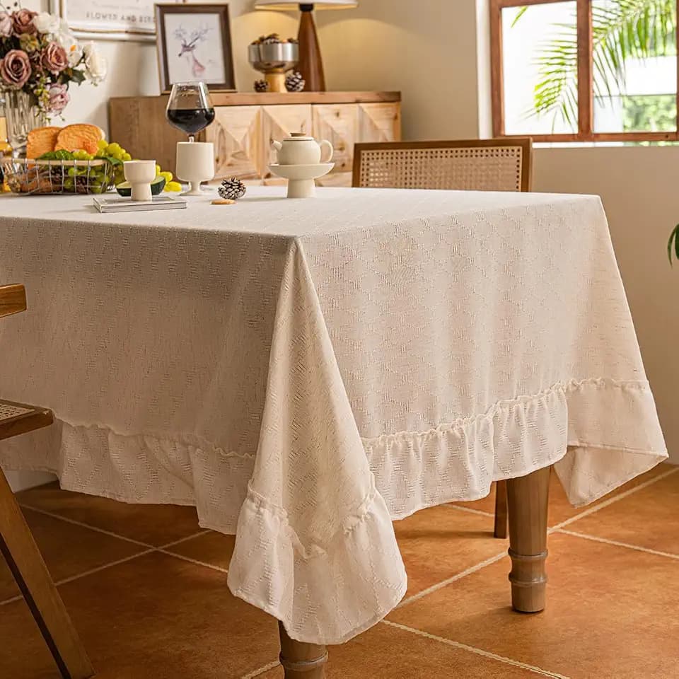 Linen Diamond Jacquard Tablecloth Ruffle Patchwork Gingham Farmhouse Vintage Tablecloths Washable Kitchen Banquet Dressing Rectangle Gingham Lace Birthday Tablecloth 60'‘x102’' Rhombus