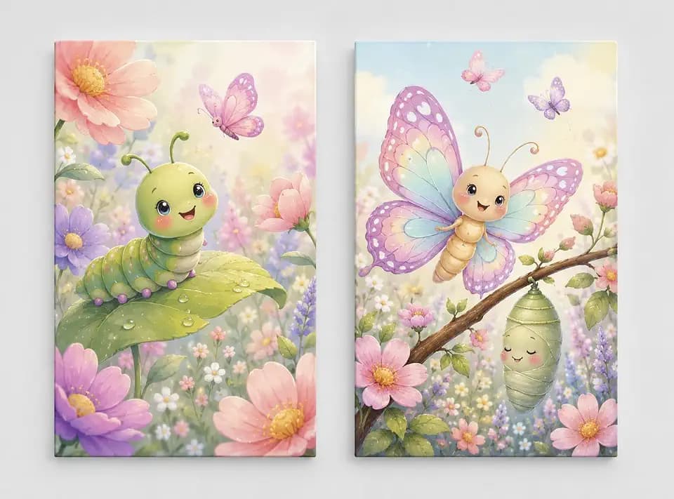 ICE ARMOR Large Set of 2 Caterpillar Butterfly Transformation Wall Art Pastel Spring Garden Canvas Prints for Nursery Kids Room Decor 16x24 Inch Frameless Canvas Print - Ready to hang