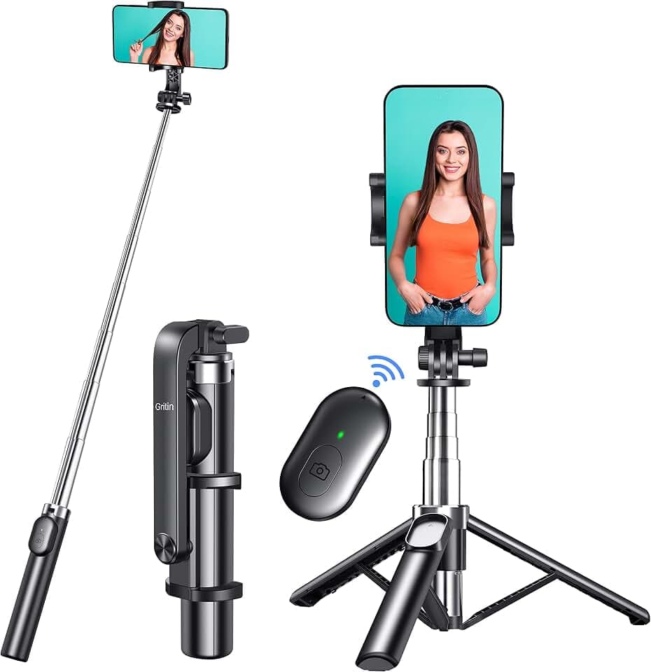 Gritin Selfie Stick Stativ, Erweiterbar 4 in 1 Selfiestick Monopod Selfie Stange Stab aus Aluminium mit Bluetooth Fernbedienung, 360° Drehbar Tragbar Monopod Handyhalter für 4,7-6,7 Zoll Smartphone