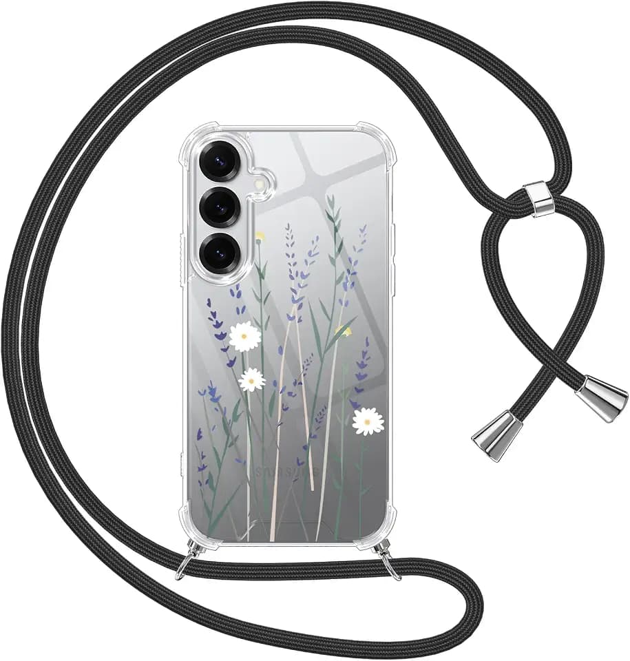 Yoedge Handyband Handyhülle für Samsung Galaxy S25+ 5G 6,7" Hülle mit Band, Durchsichtig Aesthetic Muster Blumen Case mit Kordel zum Umhängen, Weiche Silikon + PC Stoßfest Cover für Samsung S25+, 01