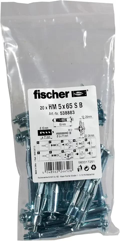 Fischer HM 5x65 S - Hohlraum-Metalldübel Mit Schraube Zum Befestigen Von Bildern, Gardinenschienen In Plattenbaustoffen - 20 Stück - Art.-Nr. 538883