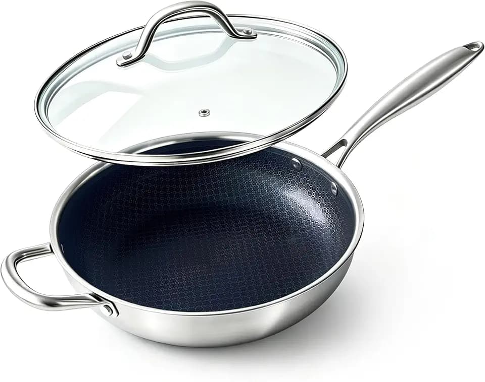 BRASA Nonstick Deep Frying pan with lid,10.24in/3QT,Stainless Steel Saute Pan,nonstick Cookware,Compatible Gas,Electric & Induction,Dishwasher safe PFOA Free 10.24inLong Handle