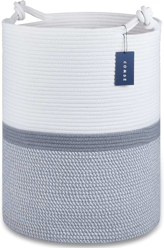 COMSE Tall Woven Blanket & Laundry Basket, 72L, Blend White & Gray