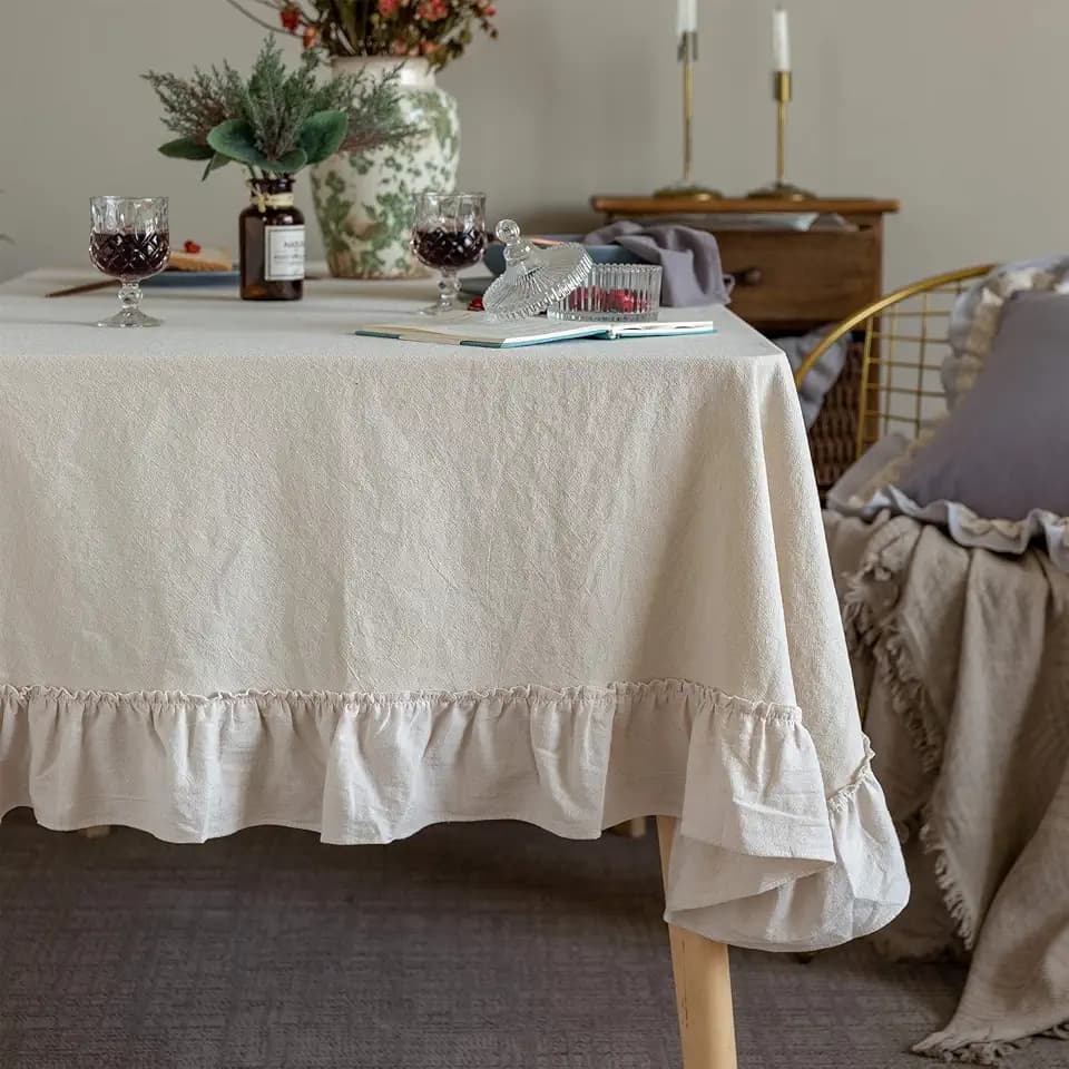 GLORY SEASON Retro Farmhouse Ruffle Tablecloth Cotton Flounces Trim Washable Table Cover Tablecloths for Rectangle Table Baby Shower Kitchen Party Wedding Decor 60''x84''