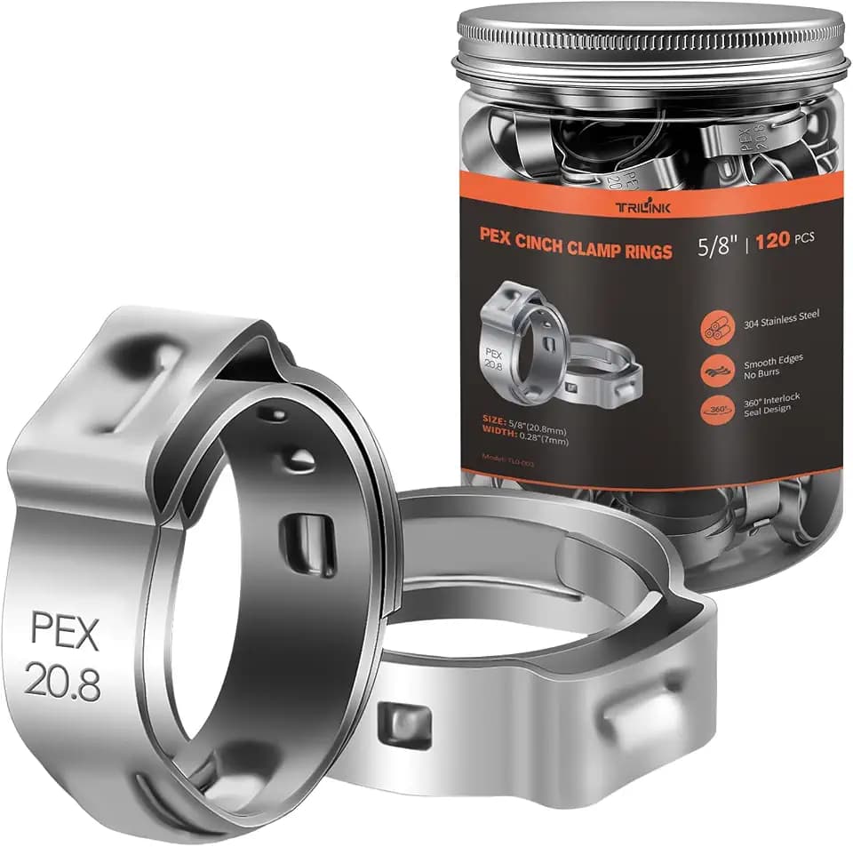 TRILINK 5/8"(17.8-20.8mm) PEX Crimp Rings 120-Pack, 304 Stainless Steel Single Ear Cinch Clamp Rings, 5/8 Inch Leak-Proof Pinch Clamps Compatible with PEX Tubing & Standard Cinch Tools