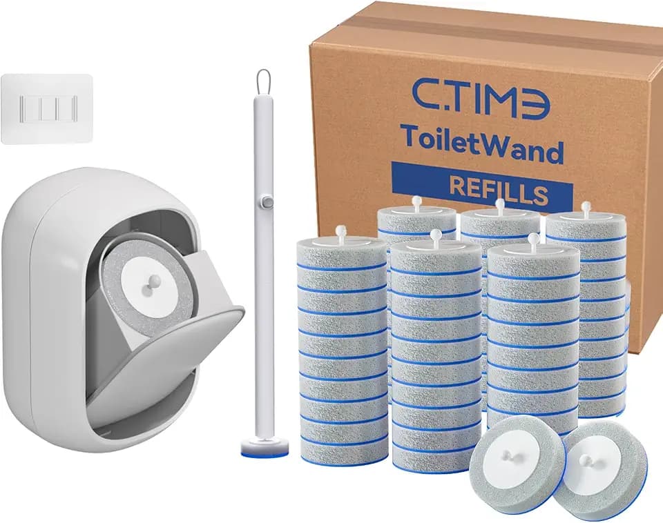Ctime Disposable Toilet Brush Set with 60 Refills, Wall Mounted Wand Kit