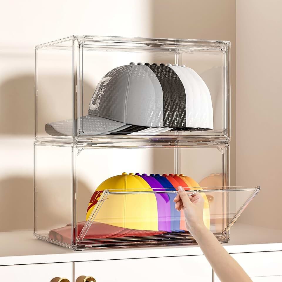 Hat Organizer Box, 2 Pack Hat Storage for Baseball Caps, Stackable Cap Hat Container Holder Rack with Magnetic Lids, Dustproof and Waterproof Acrylic Dispaly Case
