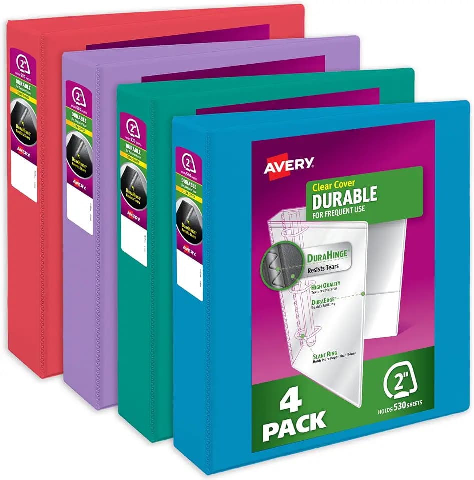 Avery® Durable View 3 Ring Binders, 2" Ring, 4 Assorted Bright Binders