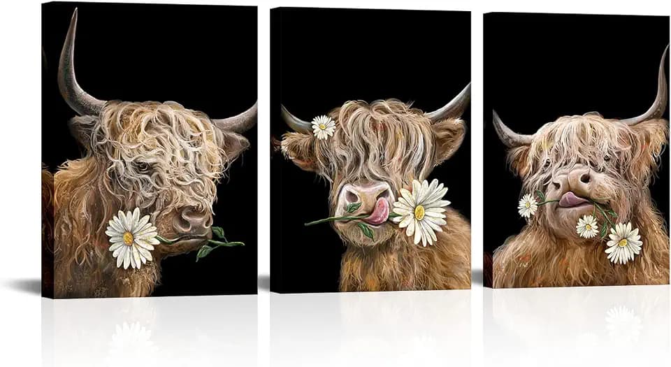 Artsbay Highland Cow Wall Art Yak with Flower Picture Farm Anmial Decoration Artwork for Living Room Bedroom Farmhouse for 12" W x 16" H x 3PCS