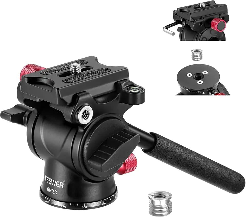 NEEWER Fluid Stativkopf mit Griff und Arca Schnellspanner, Aluminiumlegierung Panorama Drag Pan Tilt Head mit ø43mm skalierter Basis für kompakt Camcorder DSLR Kamera, Max. Belastung:3kg, GM23 Rot