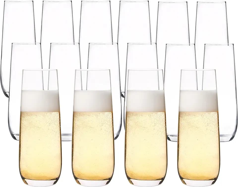 YANGNAY Stemless Champagne Flutes Set of 16, 8 oz - Clear Glass Toasting Glasses for Mimosa - Elegant Beverage Glassware