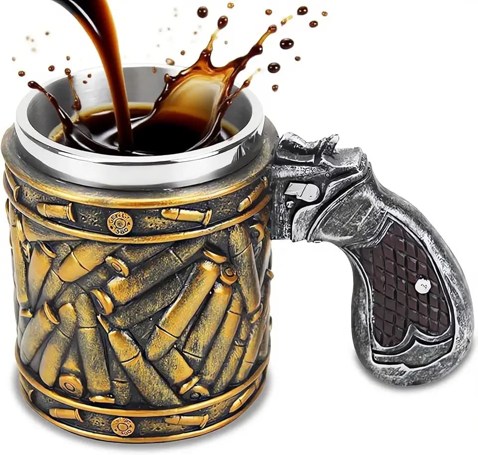 Bullet Gun Grip Beer Mug, Funny 3D Coffee Cup, Insulated Stainless Steel Resin Tankard, Pistol Handle Beer Stein, Novelty Military Gift for Dad, Coworker, Veteran & Action-Film Fans, 15 oz