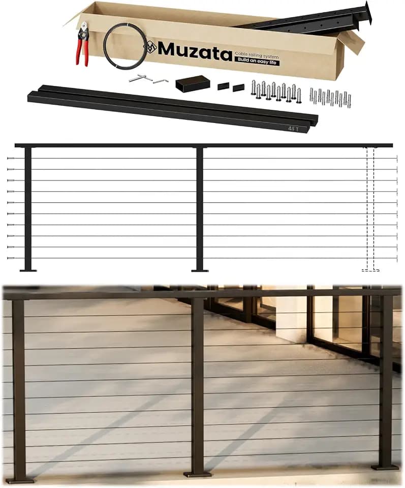 Muzata 4-8ft Modular Black Cable Railing Kit with Handrail 36 Inch RW01
