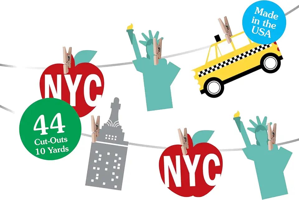 Big Dot of Happiness NYC Clothespin Garland Banner Cityscape Party Decoration Set - New York City Theme Garland Banner with Apple Taxi Skyscraper Statue of Liberty Cutouts