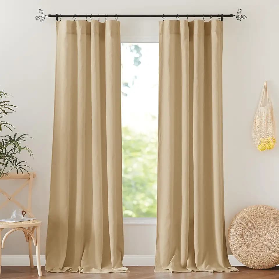 RYB HOME Linen Curtains Half Privacy Window Drapes Rod Pocket Window Panel Semi Sheer Curtains ?100% Pure Natural Fabric Curtain for Farmhouse/Home Office W 52 x L 90 inches, Pack of 2