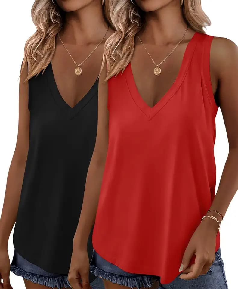 KKJ 2 Pack Womens Tank Tops V Neck Summer Sleeveless Loose Fit Flowy Shirts