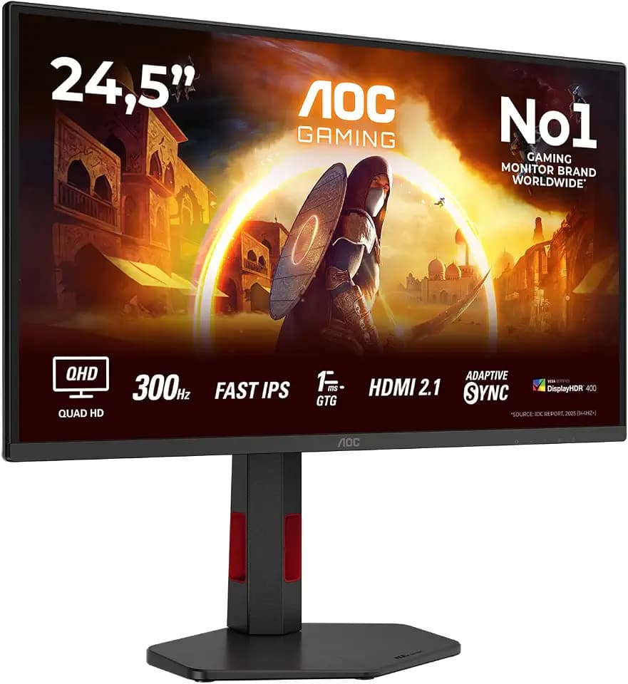 AOC Q25G4SR 25 Zoll WQHD Gaming Monitor, 300Hz, Fast IPS Panel, 1ms GtG, HDR400, G-Sync Compatible, Höhenverstellung,Lautsprecher,(2560x1440 HDMI 2X 2.1 DP 1x 1.4) Schwarz
