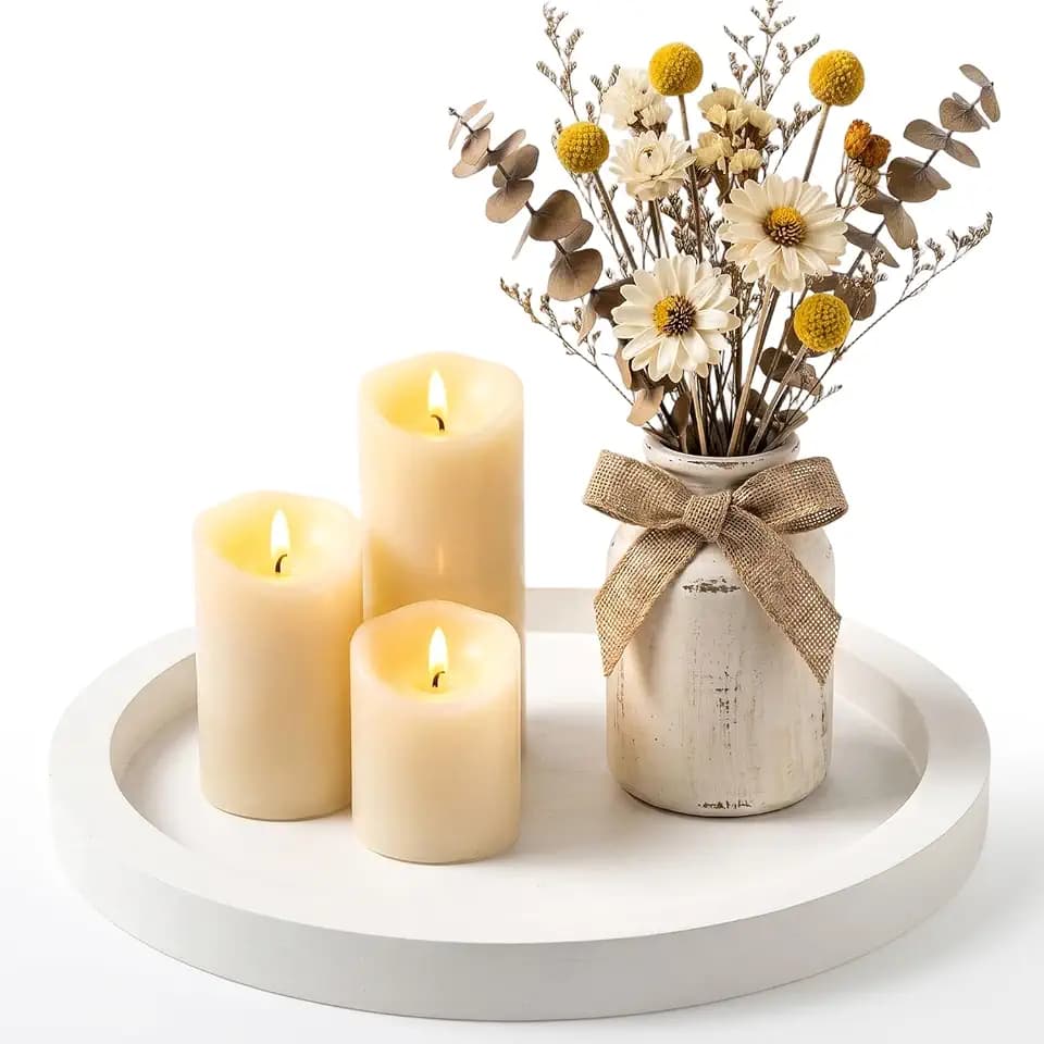Round Candle Plate Holder White Wooden Coffee Table Tray Kitchen Decor