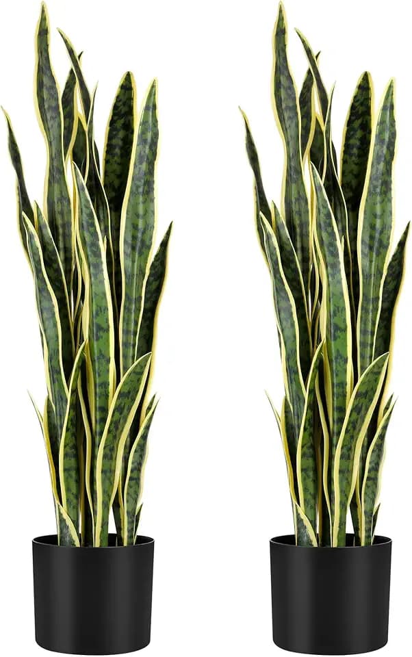 KOL 3ft 2PCS Artificial Snake Plant, 35in Faux Sansevieria with PVC Lifelike Leaves for Indoor Home & Garden Decor, Potted Mother-in-Law's Tongue Plants, Yellow