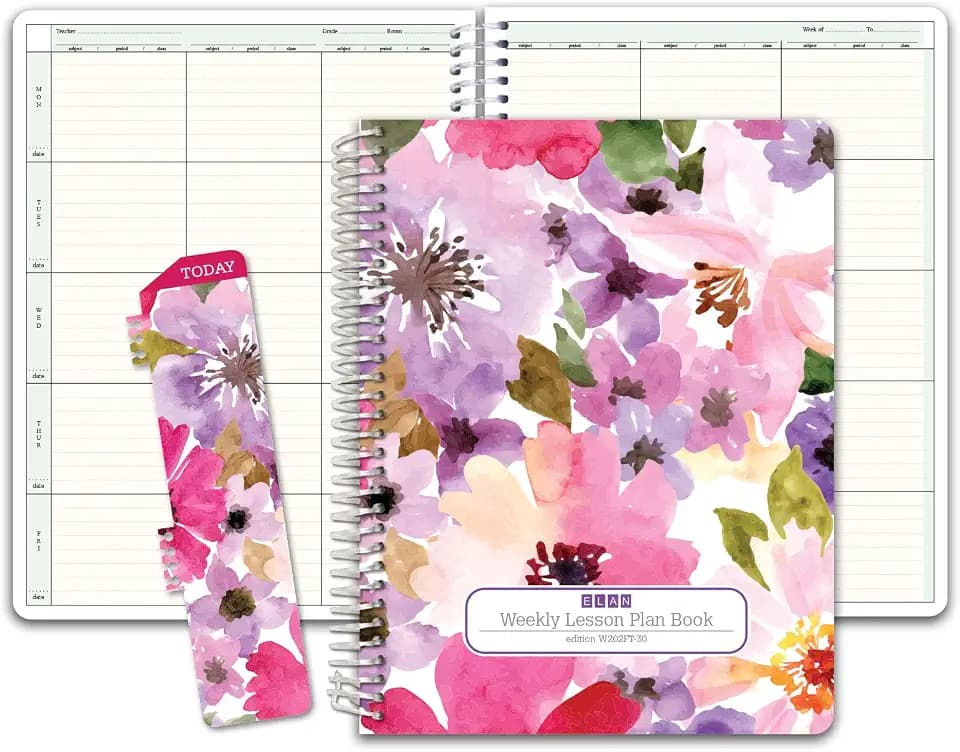 Elan Publishing Company HARDCOVER 6 Period Teacher Lesson Plan - Days Vertically Down The Side with Bonus Clip-in Bookmark (Spring Floral)