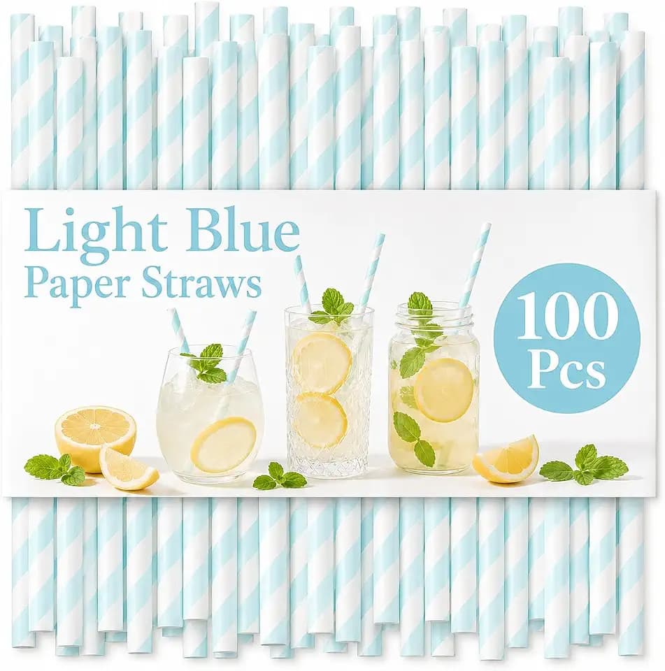 100 Pack Baby Blue and White Striped Paper Straws