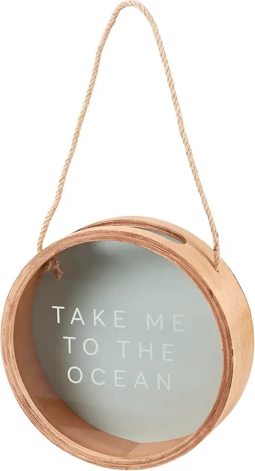Primitives by Kathy Take Me to The Ocean Round Hanging Shell Holder, 9.50" Diameter | Natural Wood Coastal Shadow Box Display with Rope Hanger