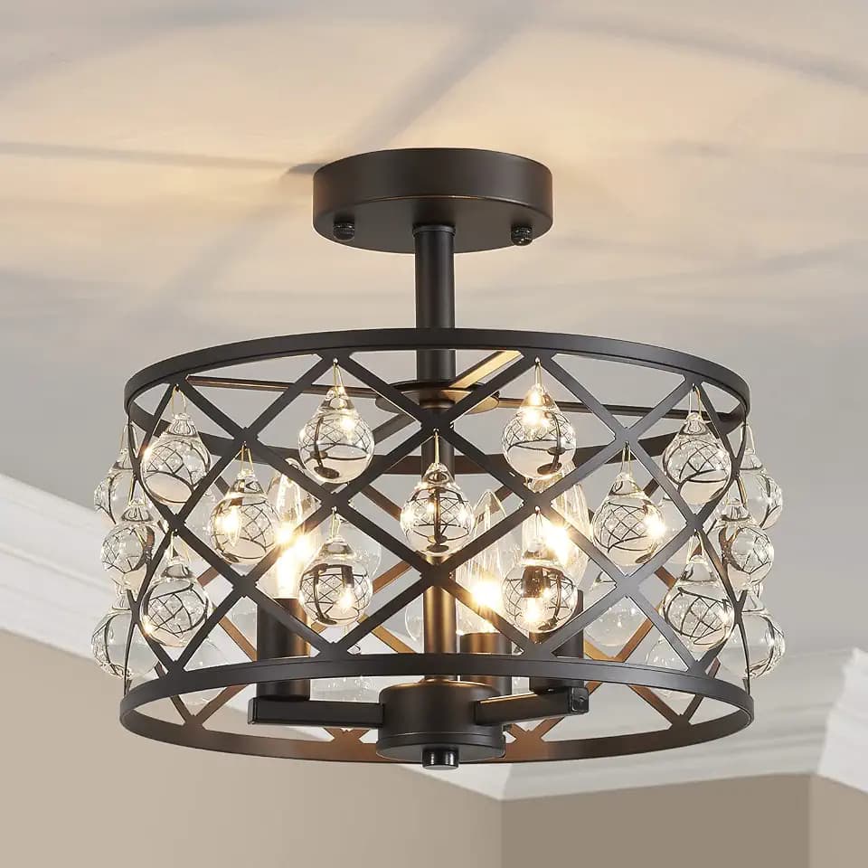 AGV LIGHTING CH013 Farmhouse Semi Flush Mount Ceiling Light Fixture, E12 Base 3-Lights, D12 x H10, Matte Black Finish,Crystal Ceiling Light Fixture for Dining Room Entryway Foyer