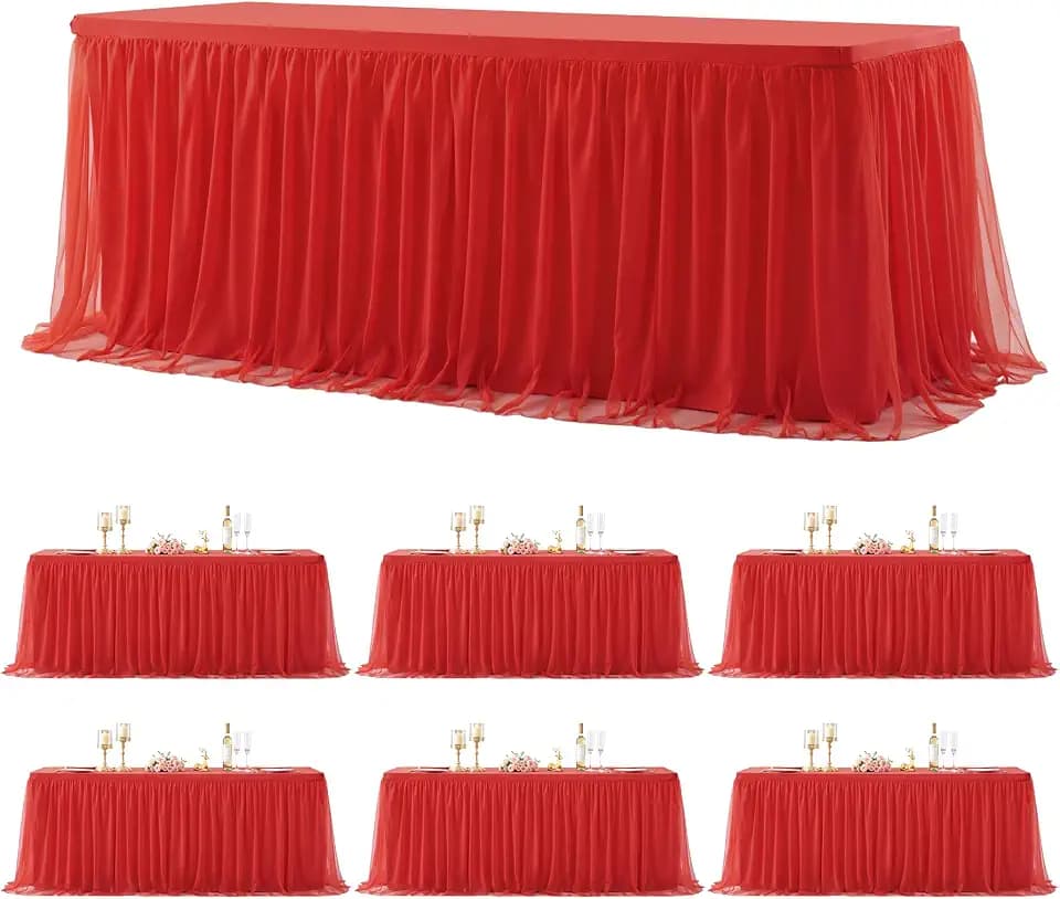 Suppromo 6 Pack 6ft Red Tulle Tablecloths for Rectangle Tables, 6 Foot Red Rectangular Table Cloth Wrinkle Free Tablecover with Tutu Skirt for Baby Shower Wedding Birthday Party Banquet Buffet Cake