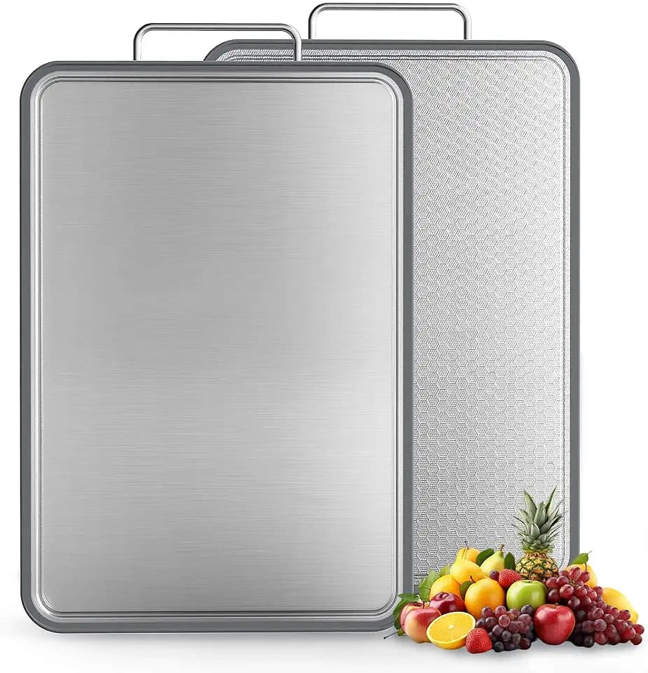 304 Stainless Steel Cutting Board 16''×11'' – Double-Sided Kitchen Chopping Board for Meat, Fruits & Vegetables, Rust-Resistant Steel Cutting Board with Dual Juice Grooves, Easy to Clean