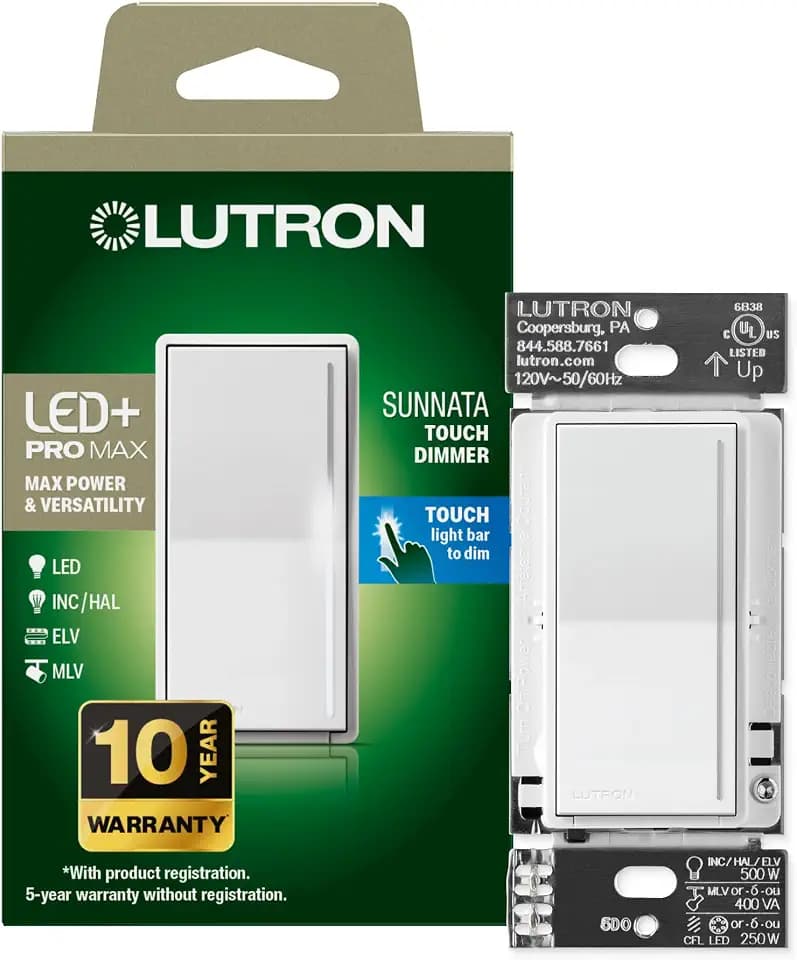 Lutron Sunnata Pro LED+ Touch Dimmer Switch, for 500W ELV/MLV, 250W LED, Single Pole/3-Way, Neutral Required, ST-PRO-N-WH, White