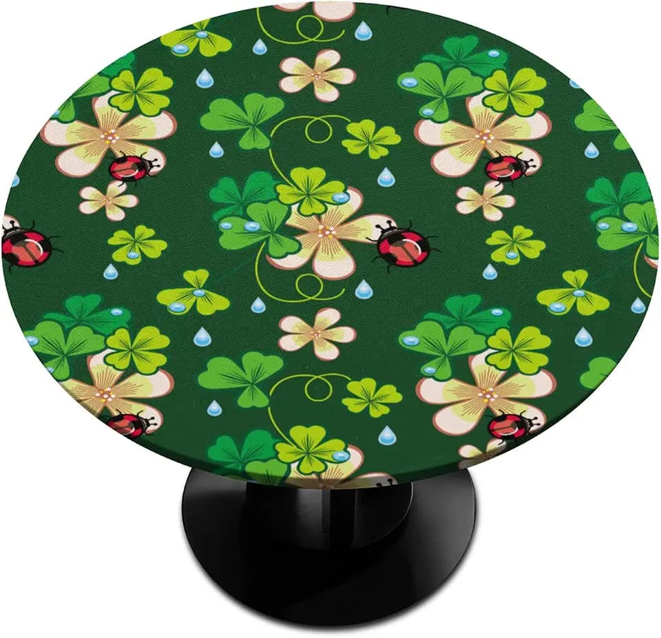 St. Patrick's Day Round Fitted Tablecloth Green Clover Round Table Cover with Elastic Waterproof Wipeable Polyester Circle Outdoor Table Cloths for Party Patio Holiday Decor Fit for 40"-44" Tables