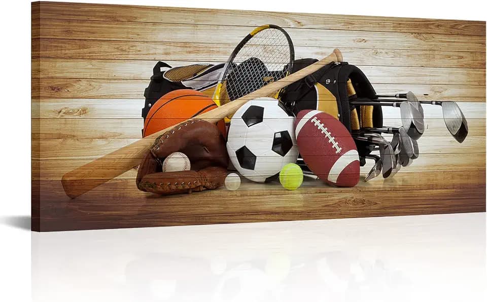 RnnJoile Sports Canvas Wall Art Man Cave Room Decor Football Baseball Golf Poster Prints on Wood Background Sports Equipment Picture for Men's Boys Bedroom Framed 20"x48"