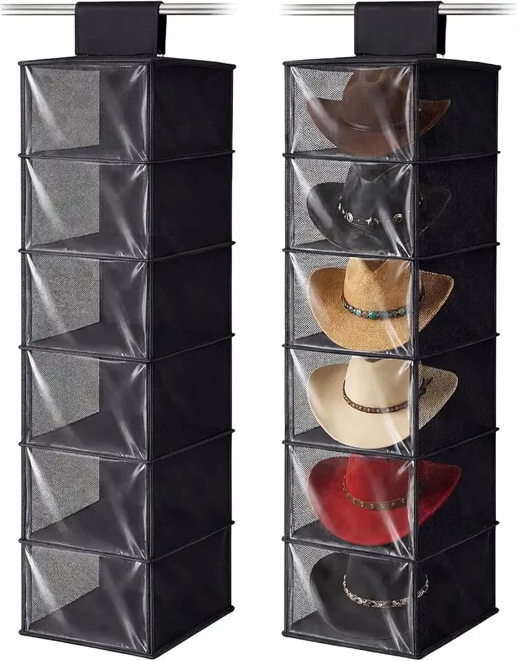 Briwooody 2 Pack XL Cowboy Hat Rack for Closet, 6 Shelf Hanging Hat Organizer for Wide Brim Caps, Dustproof Storage with Cover, Space Saving Closet Organizer for Cowboy Fedora Western Caps