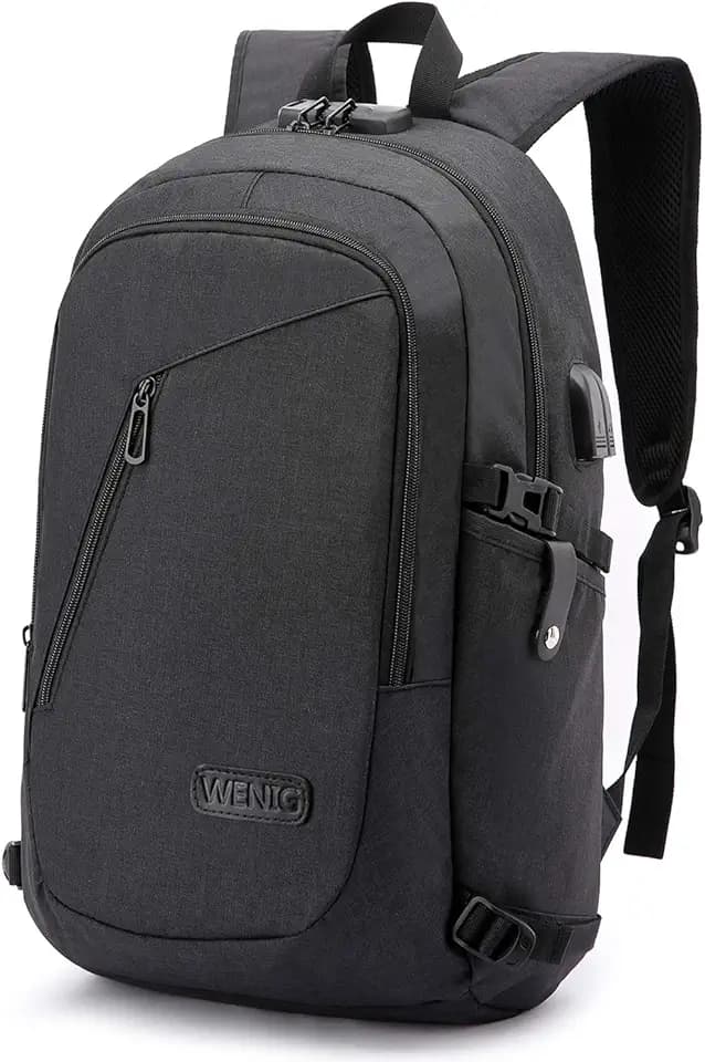 WENIG Laptop Rucksack Herren Anti-Diebstahl Laptoptasche 15.6 Zoll für Arbeit mit USB Ladeanschluss Business Reisen für Männer Notebook wasserdichte Schulrucksack Jungen Teenager Schwarz
